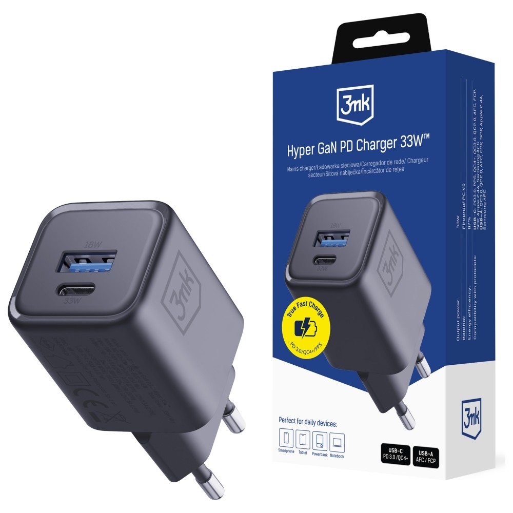 �adowarka sieciowa 3MK Hyper Charger PD 33W GaN USB-A + USB-C czarna SAMSUNG Galaxy A36 5G
